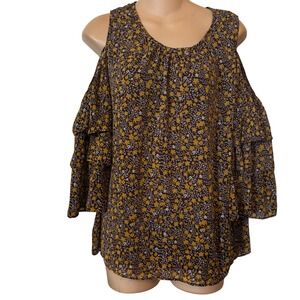 Cato Women's Blouse Large Cold Shoulder Ruffle Sleeves Brown Floral